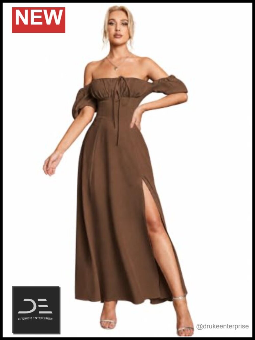 Women's Summer Puff Sleeve Maxi Dress Off Shoulder Tie Neck A-Line Slit